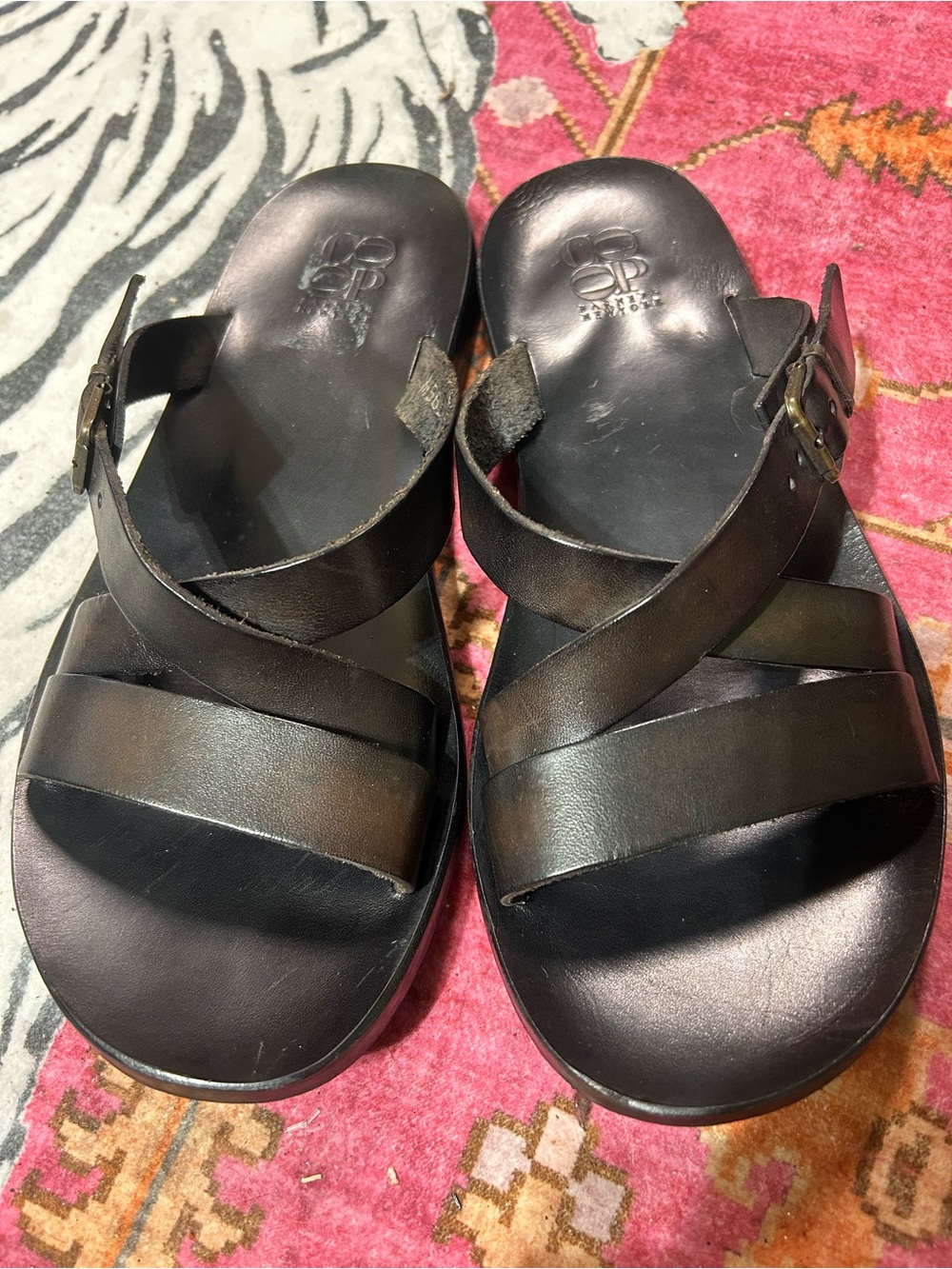 Barneys New York CO-OP Black Leather Crisscross Buckle Slide Sandals